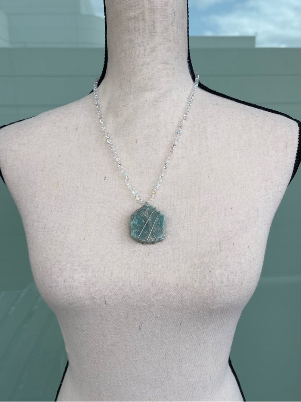Handmade Raw Amazonite Stainless Steel Silver Wire Wrap & White AB Glass Beads - Picture 2 of 5